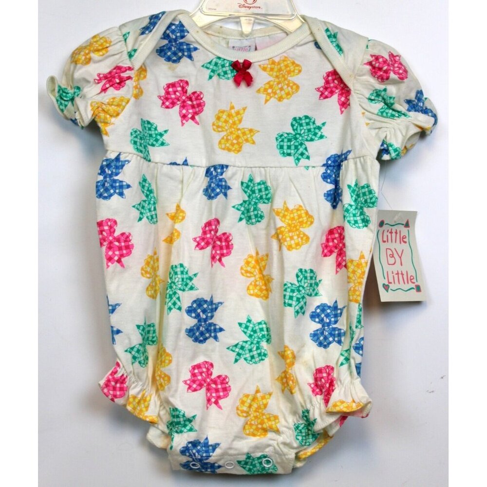 1990s Little by Little Romper Bodysuit Girls 12M Plaid Bows Puff Sleeves Summer